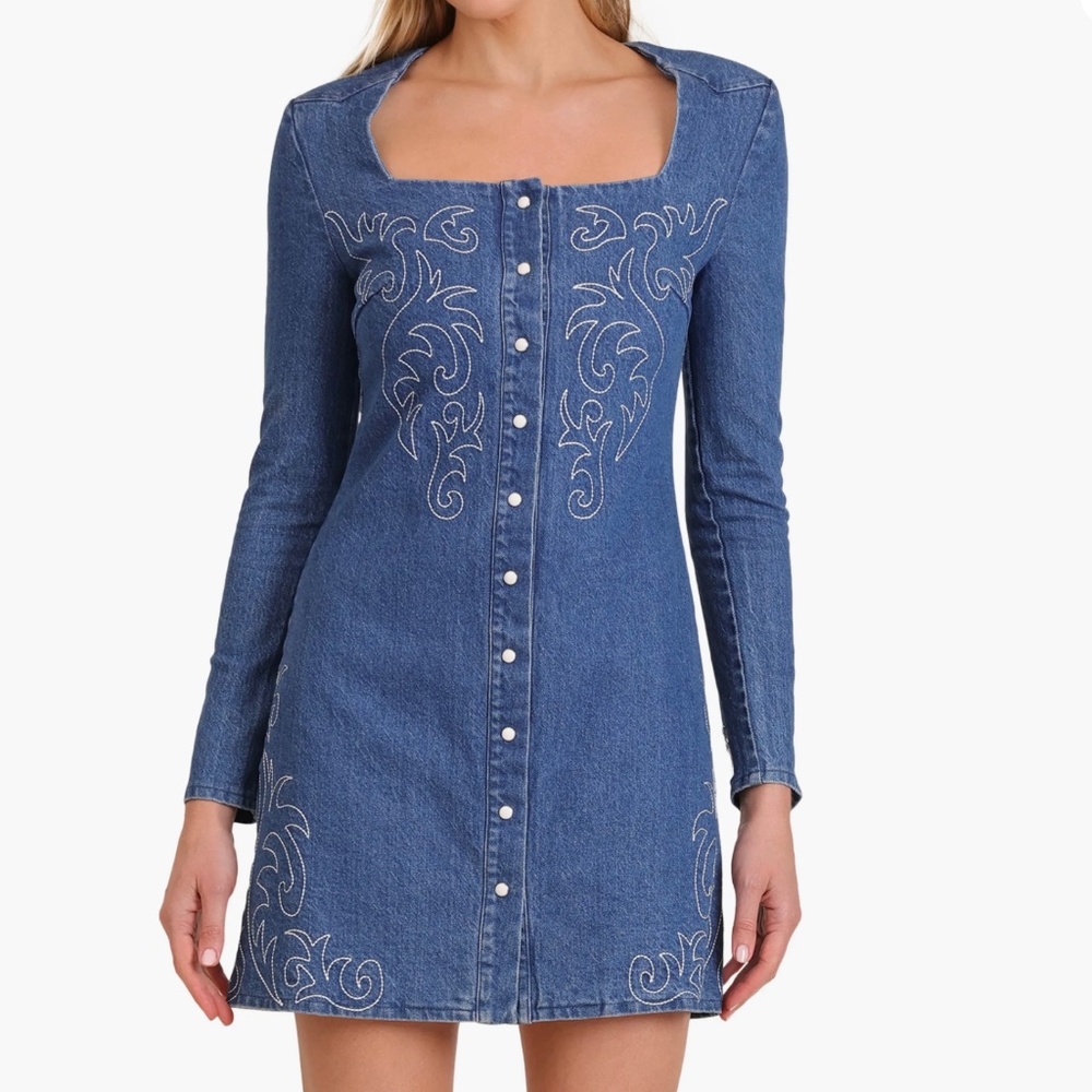 Square-Neck Blue Denim Button-Front Dress